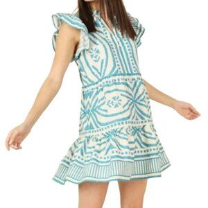 Omika Wilora Teal Linen Blend Ruffle Sleeve Hem Mini Dress Womens Size XSmall